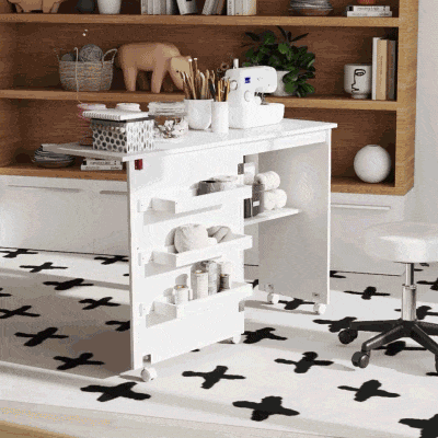 HOMCOM Sewing Machine Cabinet, Folding Sewing Table with Storage Shelf, Bins and Lockable Wheels for Small Space, White