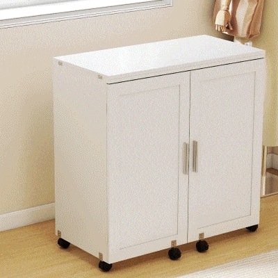 HOMCOM Folding Craft Table, Rolling Sewing Machine Table with Magnetic Doors, Bins, Pegs, Storage Shelf, Lockable Wheels, White